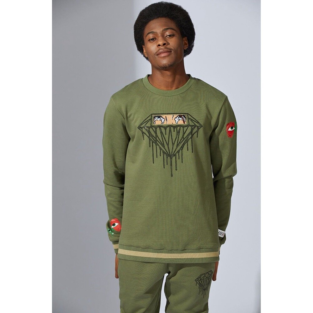 Fifth Loop Mens M Crew Neck Olive Green Sweater Graphic Embroidery Rhinestone
